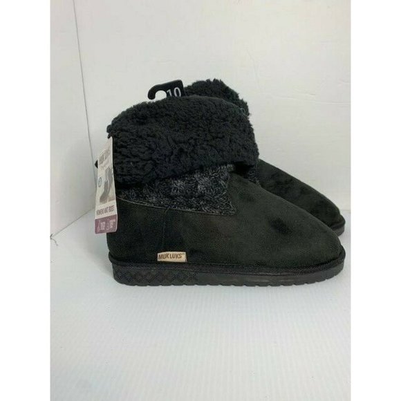 Womens Black MUK LUKS Cable Knit Faux Shearling Fold Over Boots Size 10 - Picture 1 of 6